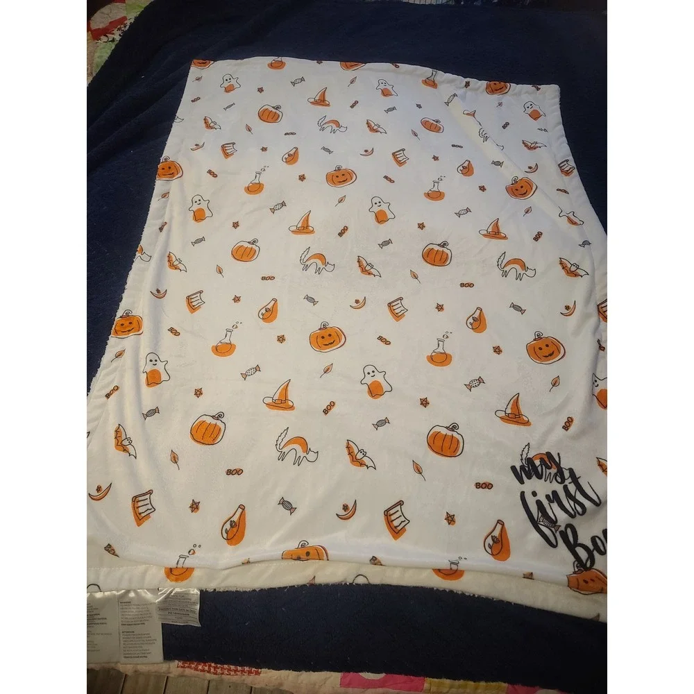 Hello Spud My First Boo Halloween Baby Blanket Pumpkin Ghost Sherpa White Orange